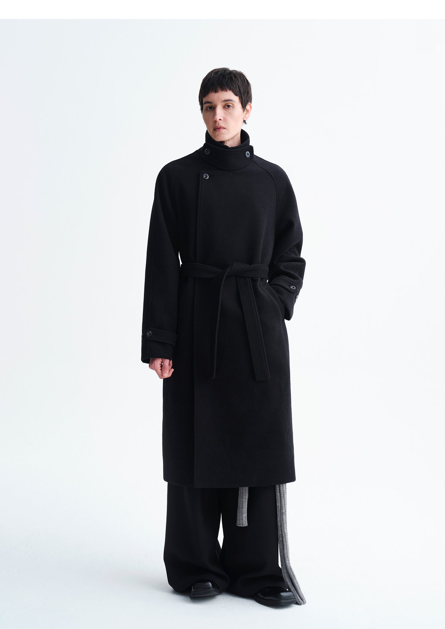 Wool-Blend Stand Collar Long Coat