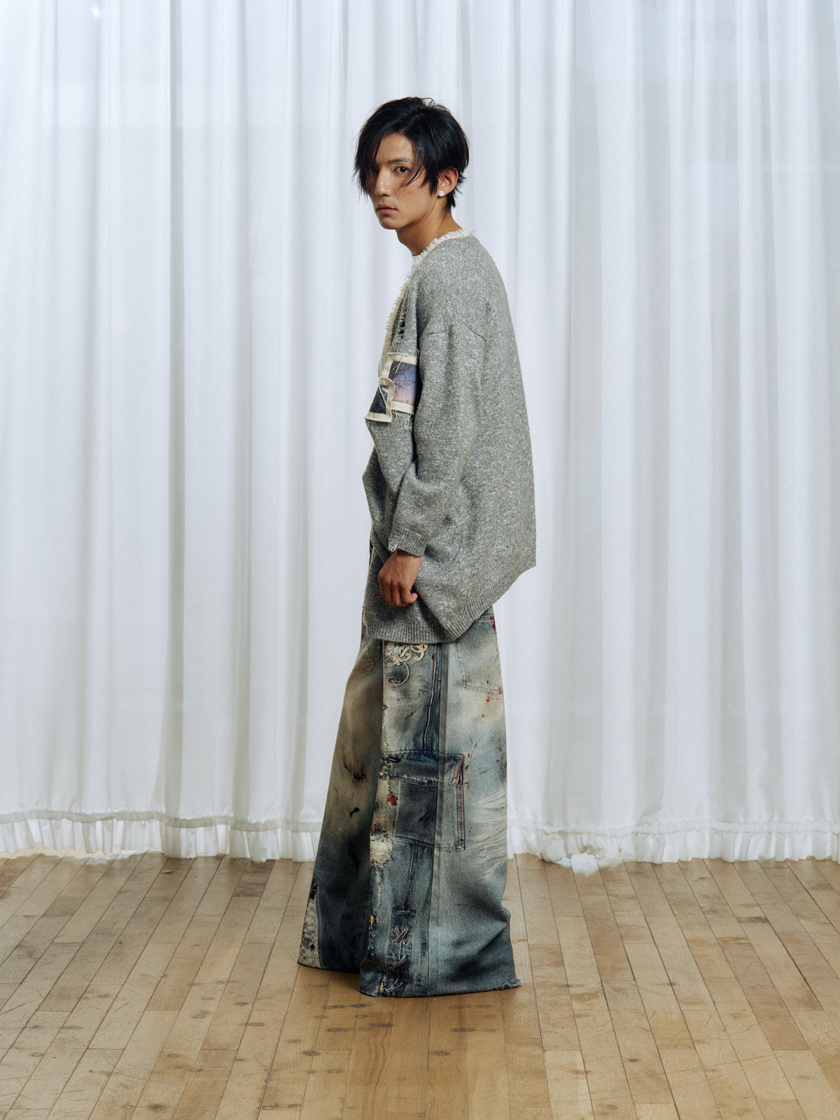 Pleated Design Blend Knit Cardigan