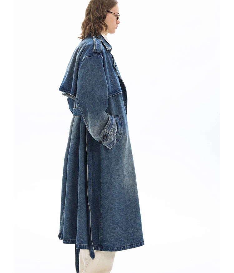 Double-breasted denim long coat