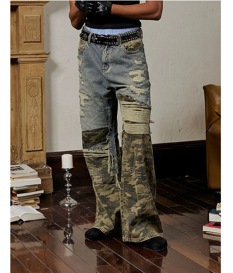 Random Stitch Embroidery Ripped Denim pants