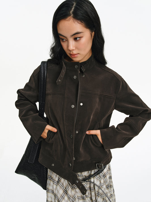 PU Leather Stand Collar Jacket