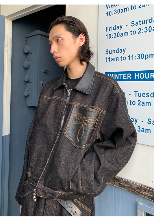 Cracked Leather Collar Raw Denim Jacket