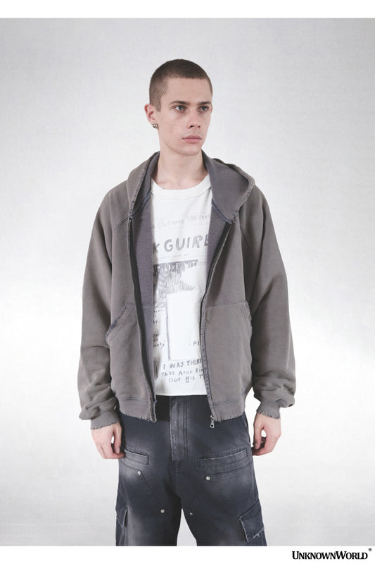 Washed rendering Hooded zipper sweatshirt