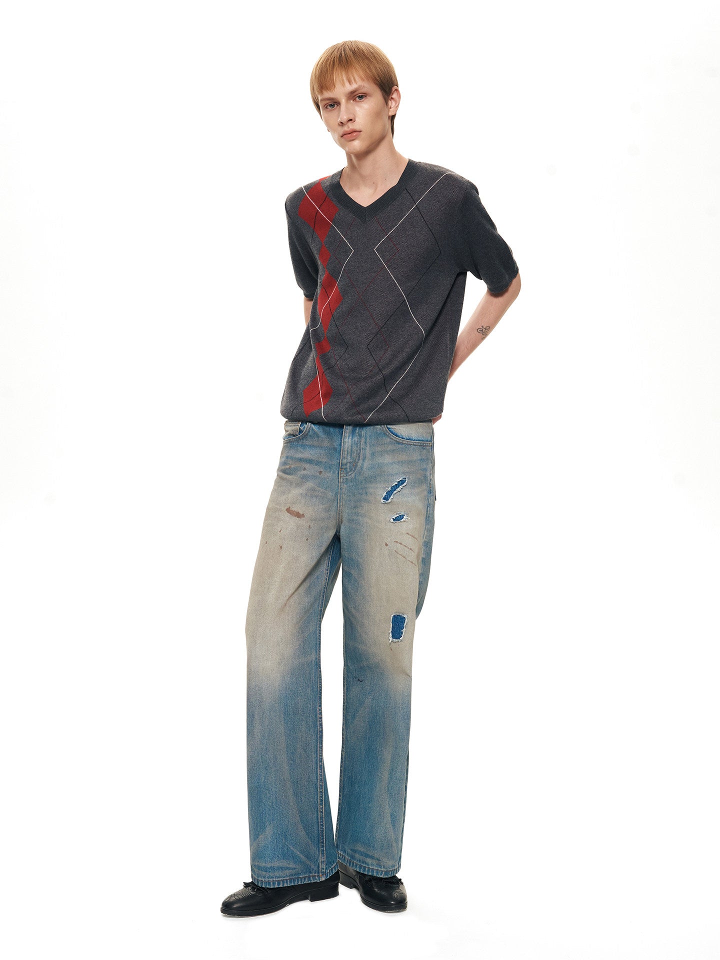 Double-Yarn Patchwork V-Neck Sweater