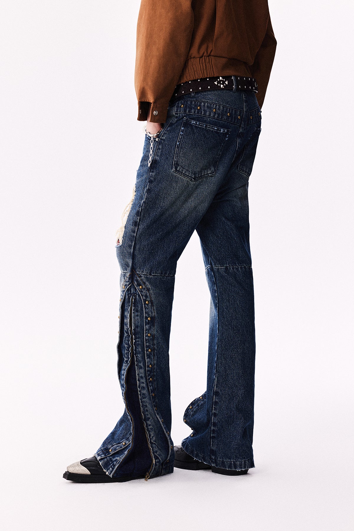 Retro Rivet Washed Damaged Zipper Jeans