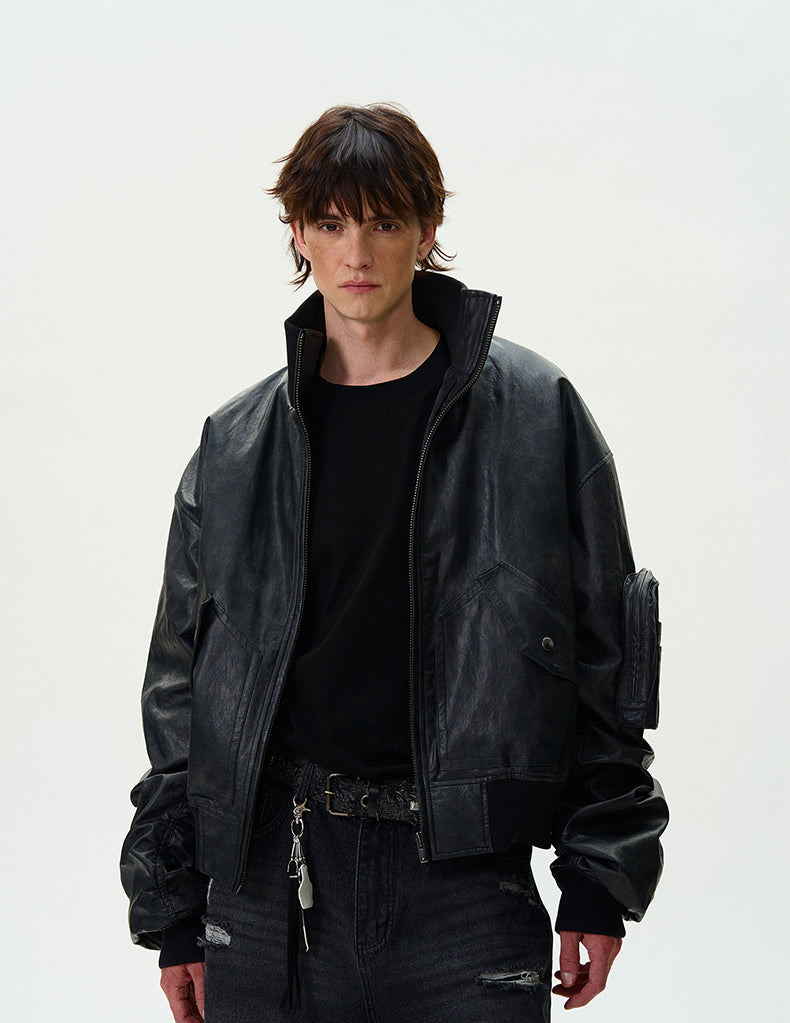 Washed Bomber PU Leather Jacket
