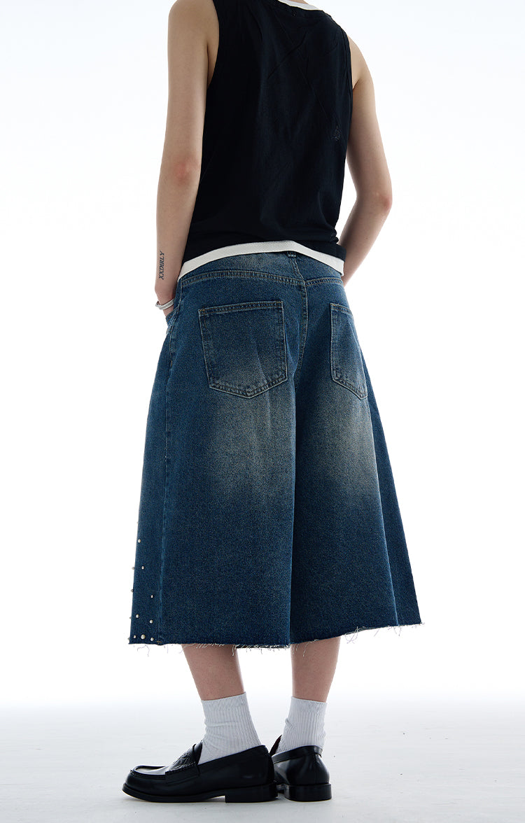 Niche pearl inlay design denim pants