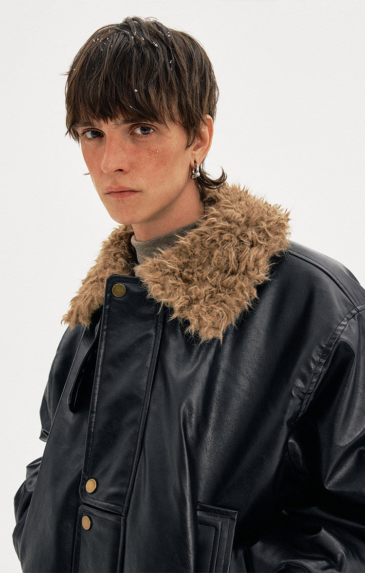 Padded Distressed PU Leather Jacket