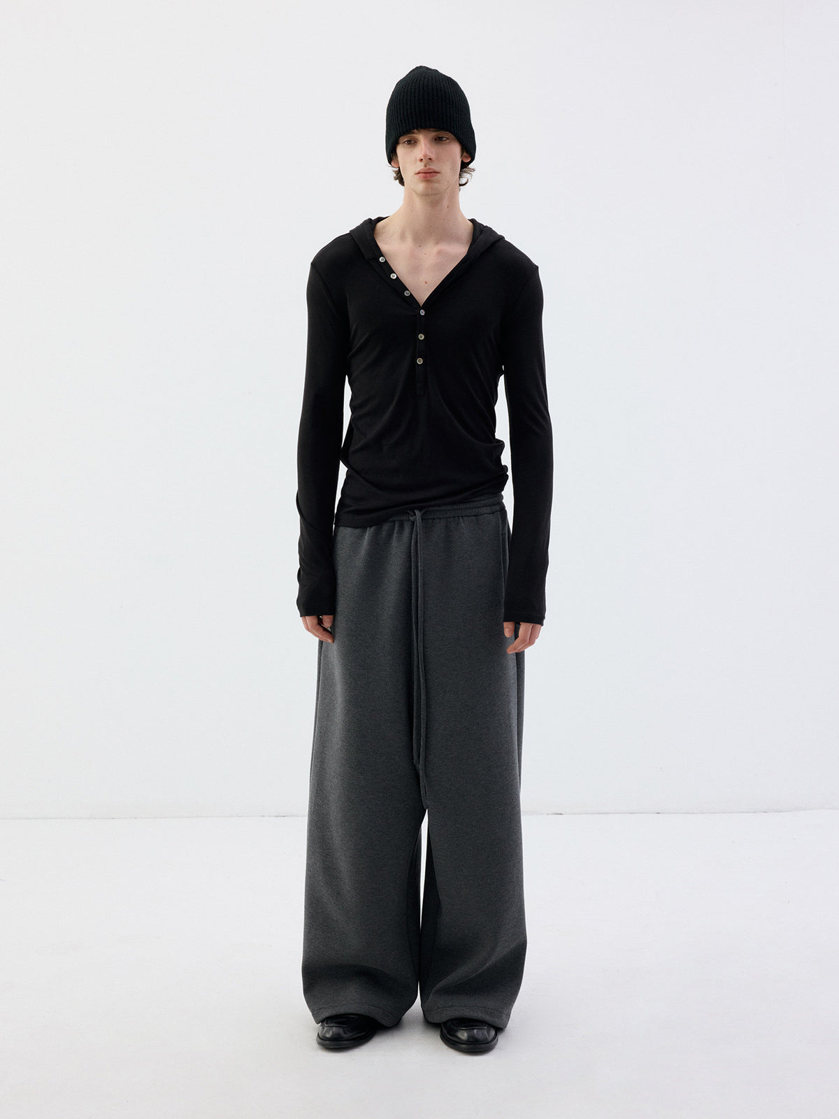 Henry-Collar T-Shirt with Half-Button Hood