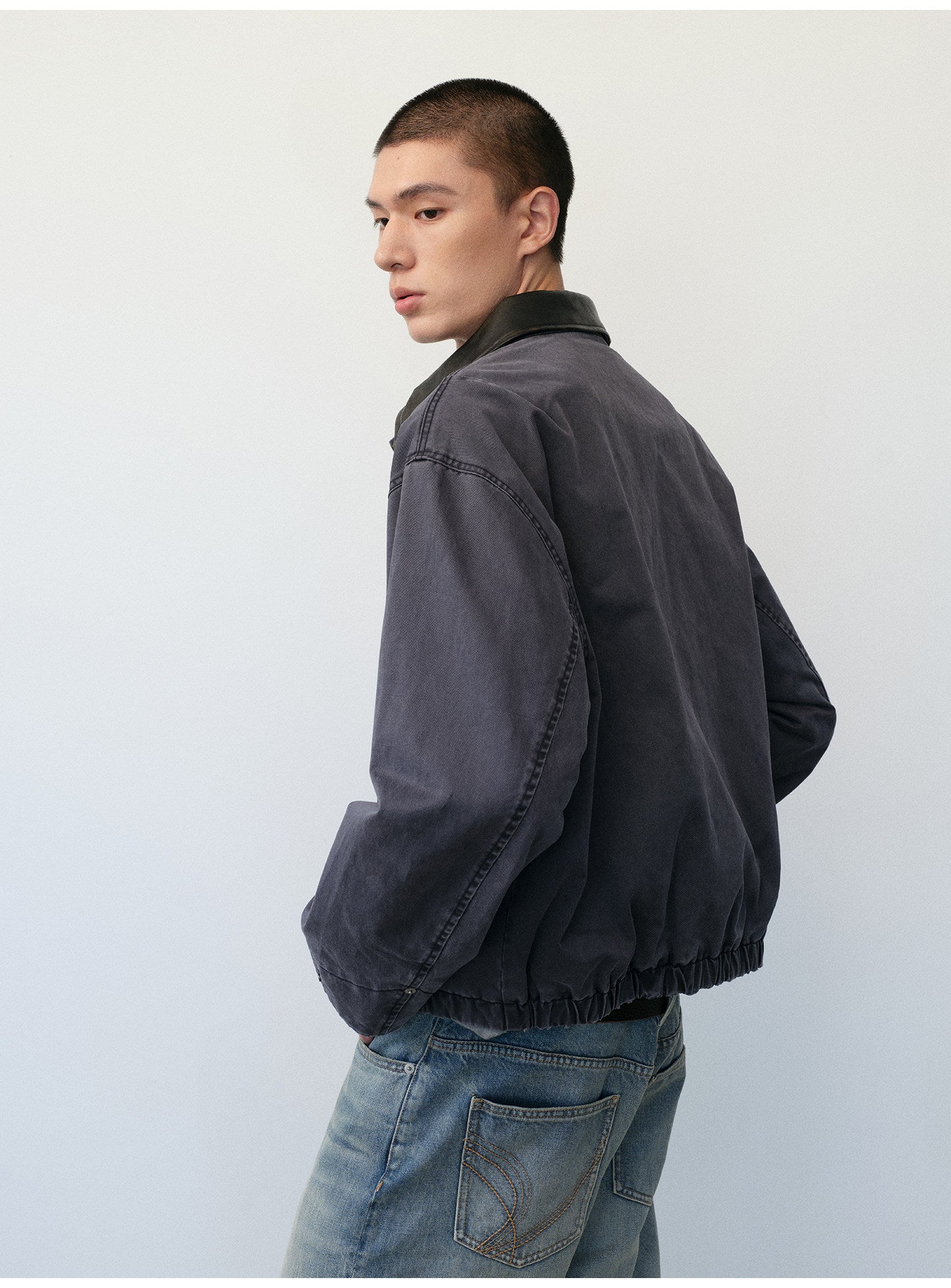 Distressed Leather Color-Block Work Jacket