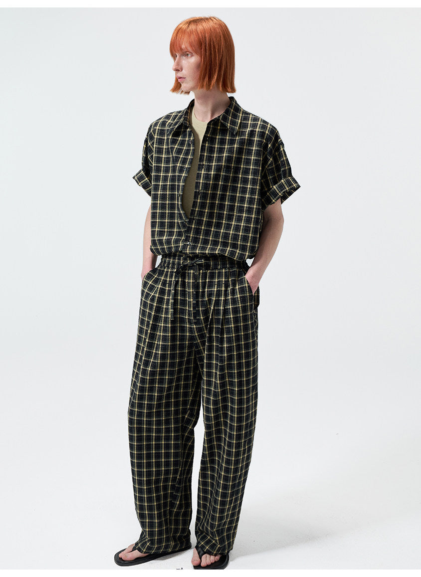Yarn-Dyed Chiffon Check-Patterned Casual Pants