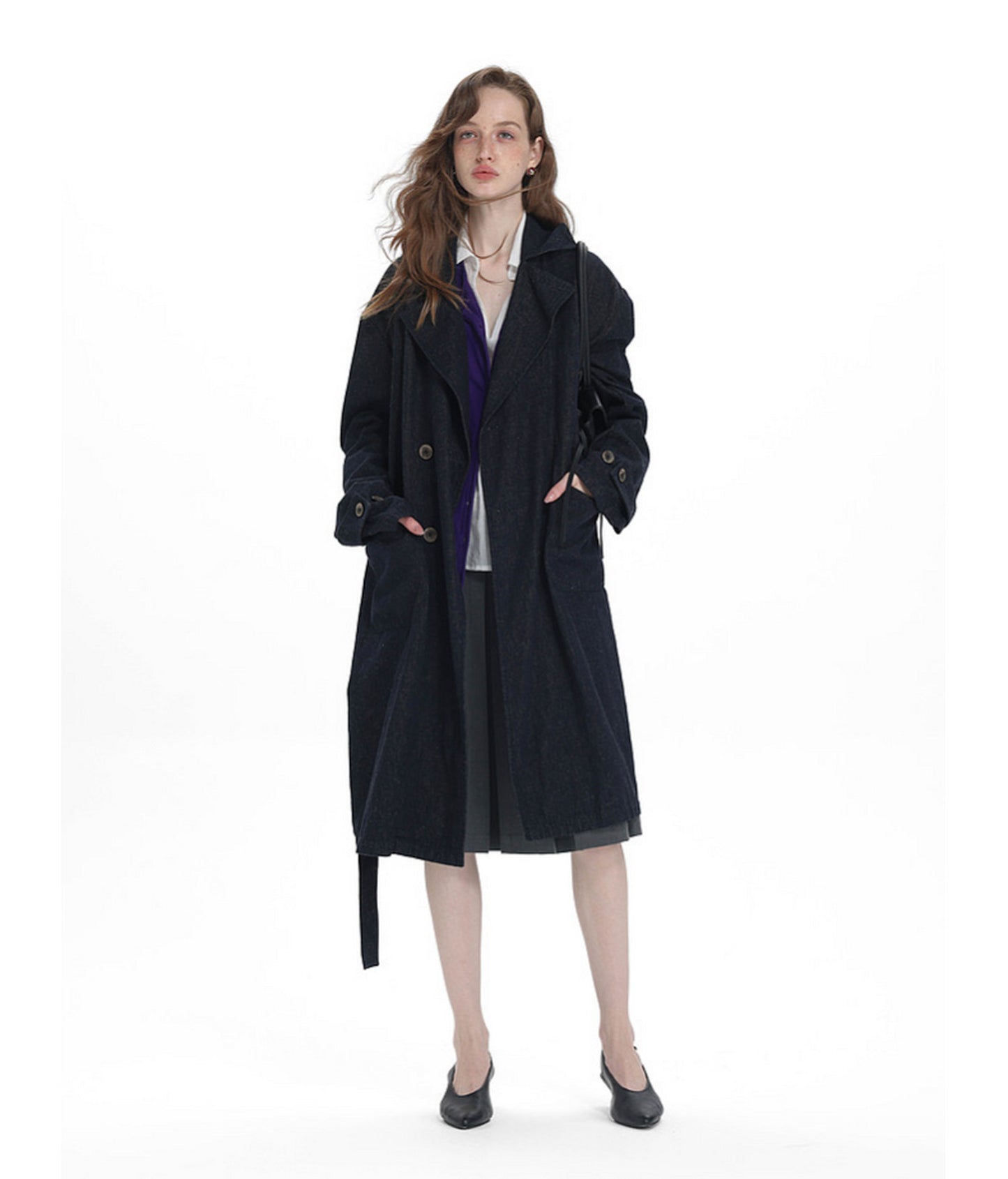 Linen-Blend Denim Trench Coat　