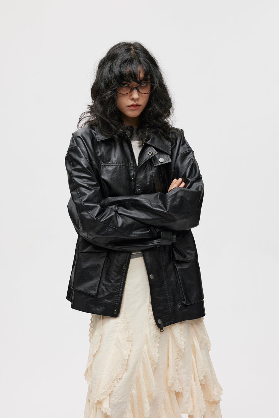 Imitation leather mid-length jacket