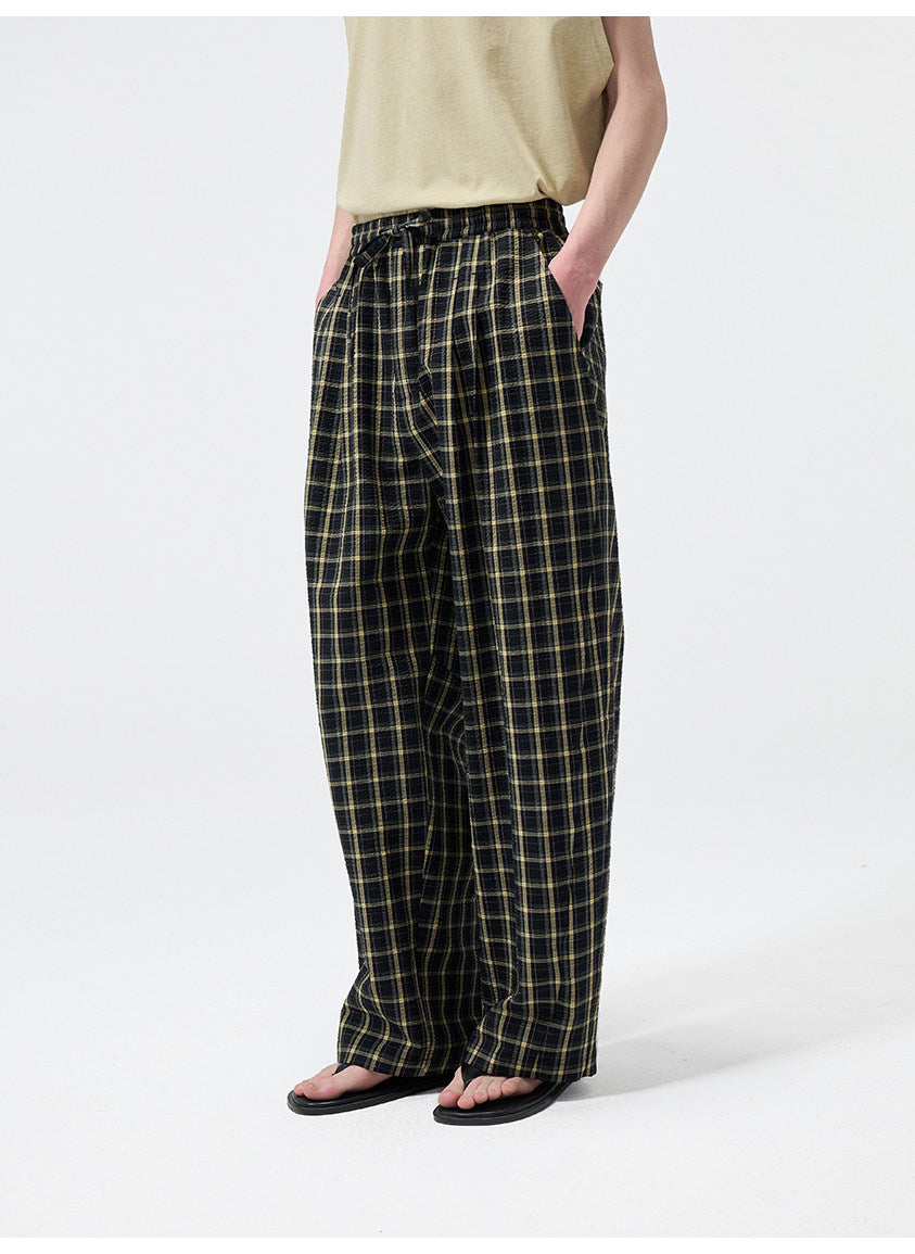 Yarn-Dyed Chiffon Check-Patterned Casual Pants