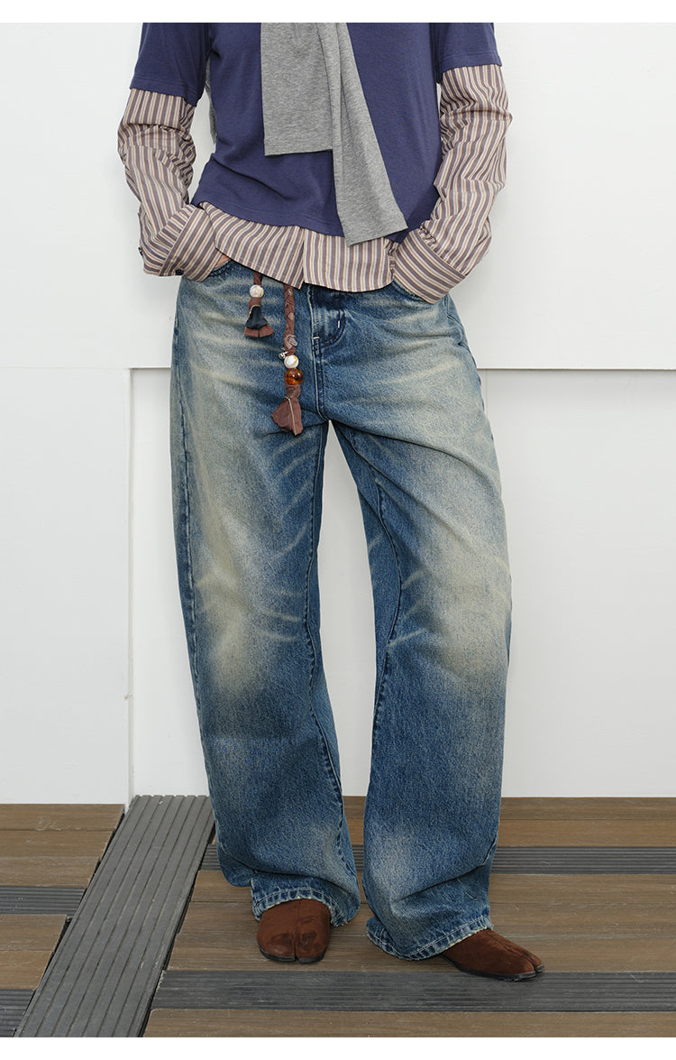 Retro washed loose denim pants