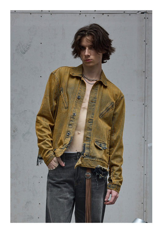 Mud Dyed Yellow Destroyed Denim Jacket