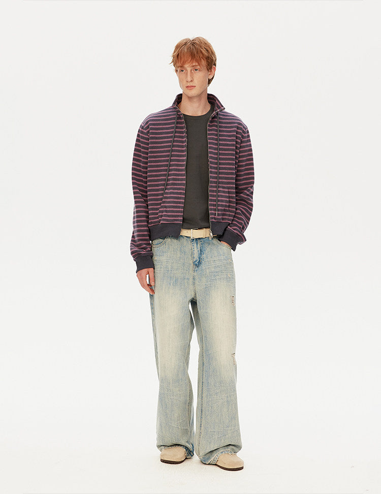 Striped Stand Collar Zipper Cardigan