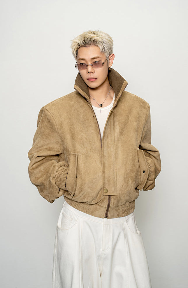 Suede Rib High-Neck Short Jacket