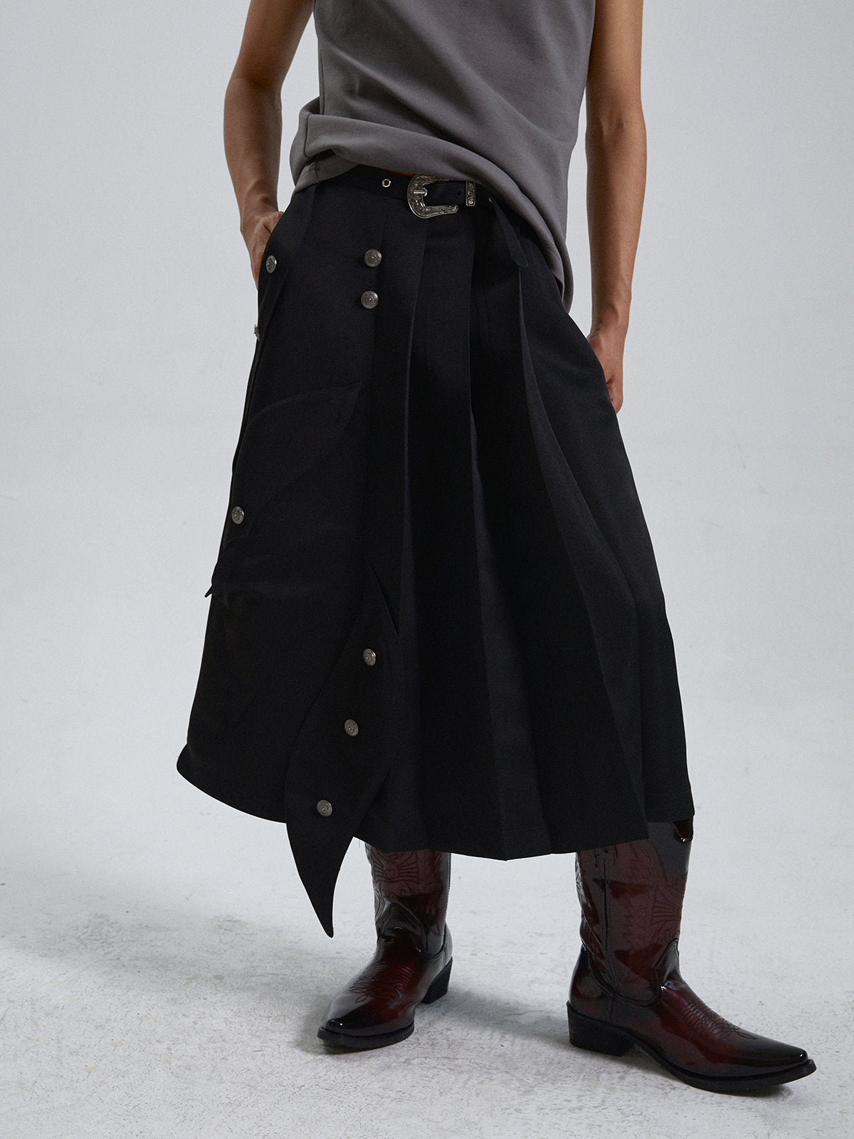 Unisex Pleated Asymmetrical Button Long Skirt