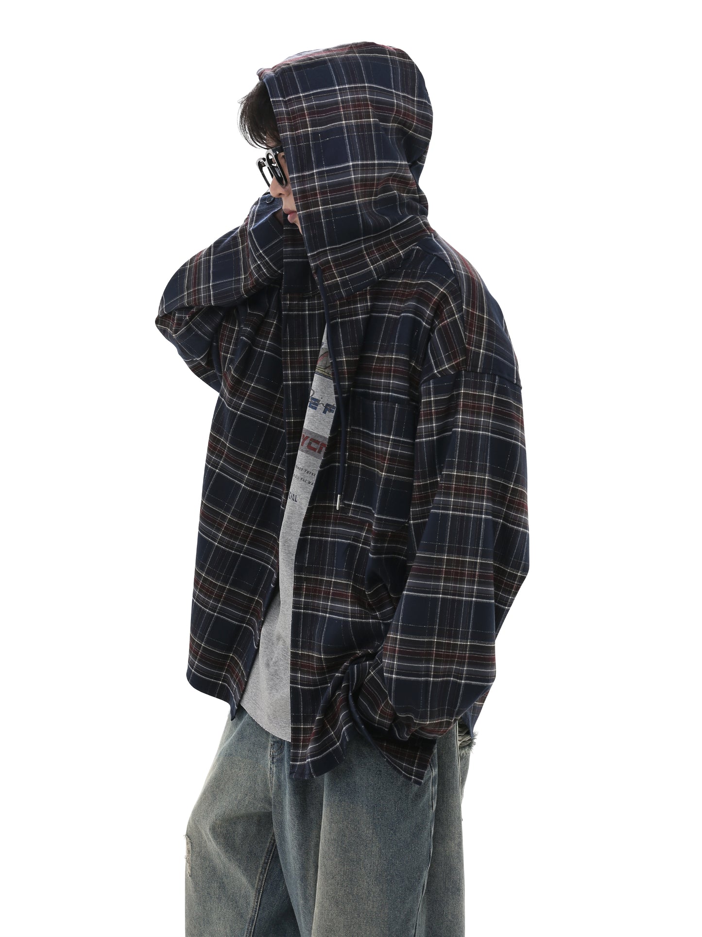 Loose Fit Retro plaid hooded shirt