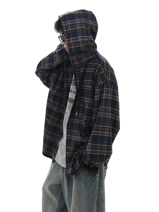 Loose Fit Retro plaid hooded shirt