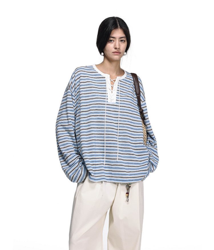 Drawstring Tie Henley Collar T-Shirt