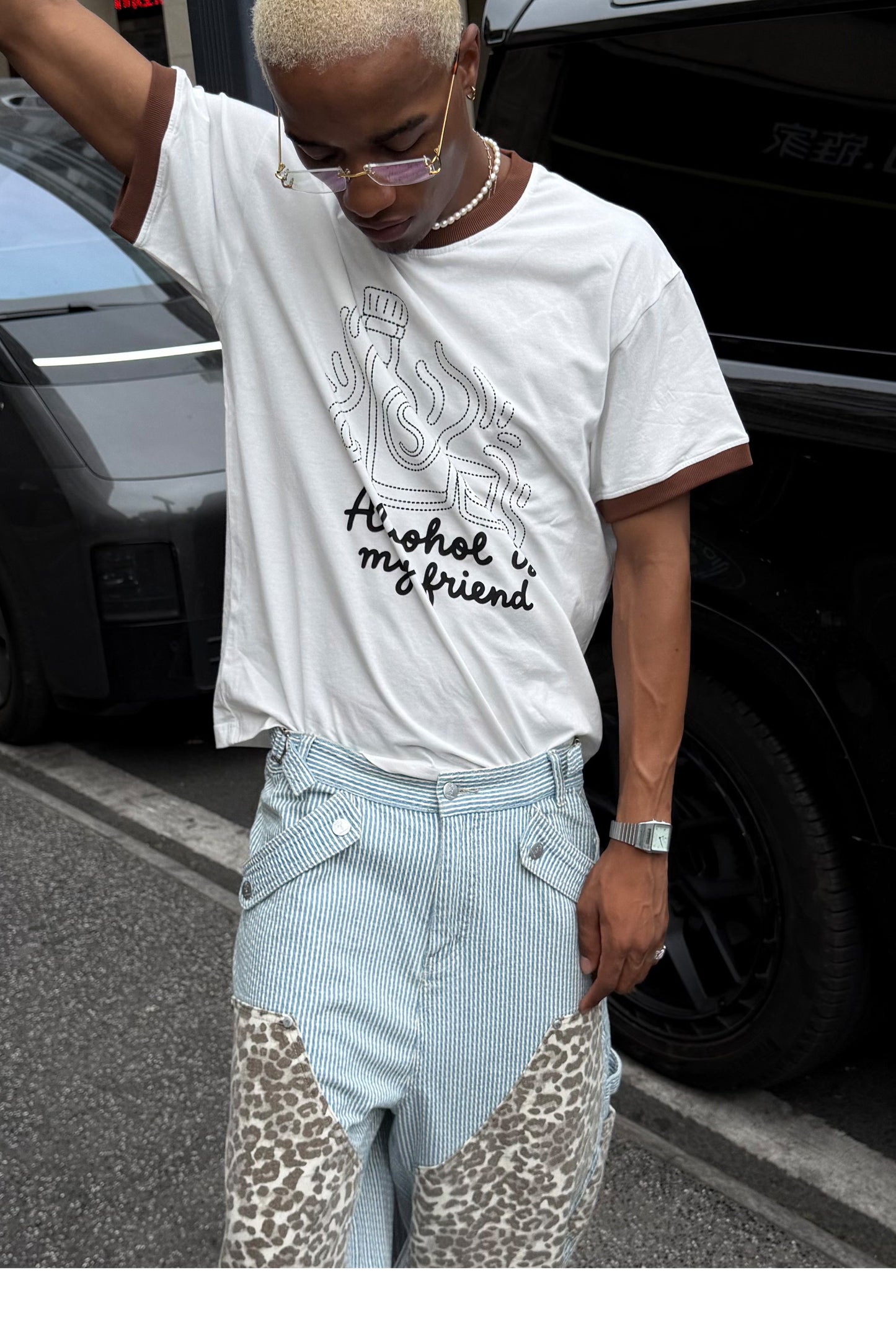 Casual Round-Neck T-Shirt with Patchwork-Print Design