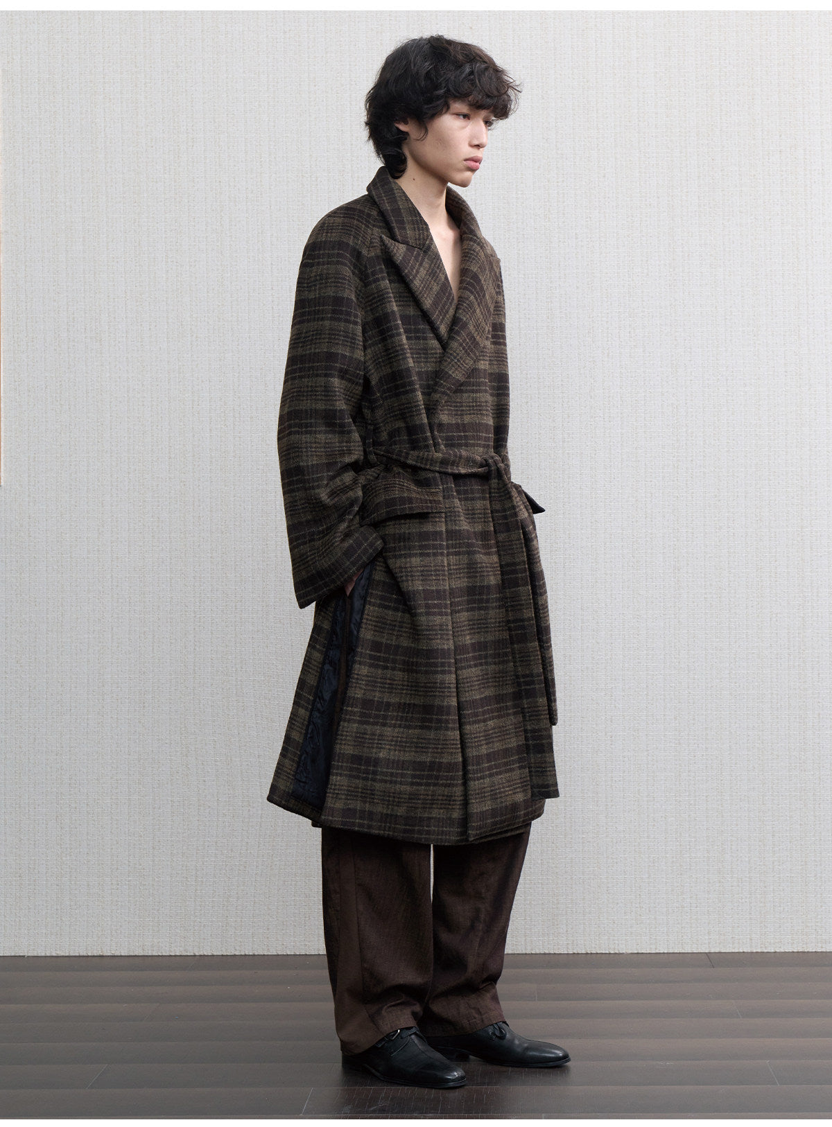 Long Wool Coat with a Check Pattern