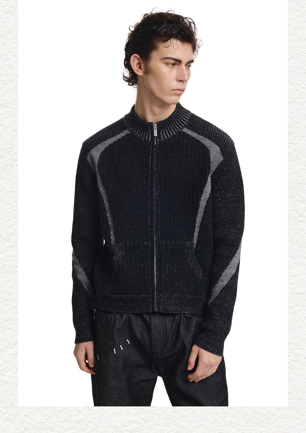 Slim Stand Collar Color-Block Zipper Knit Jacket