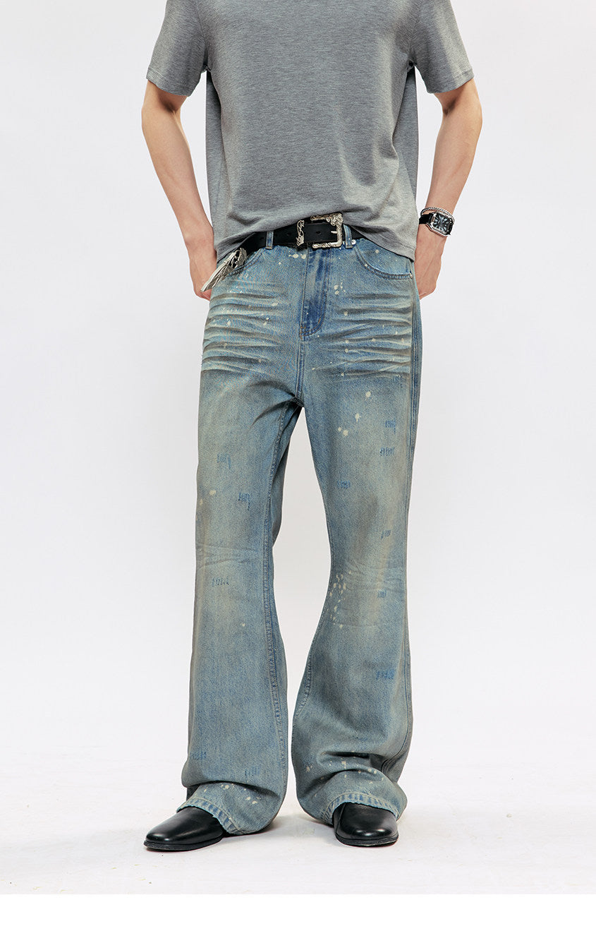 Hand-Painted Splatter-Print Flared Denim Pants