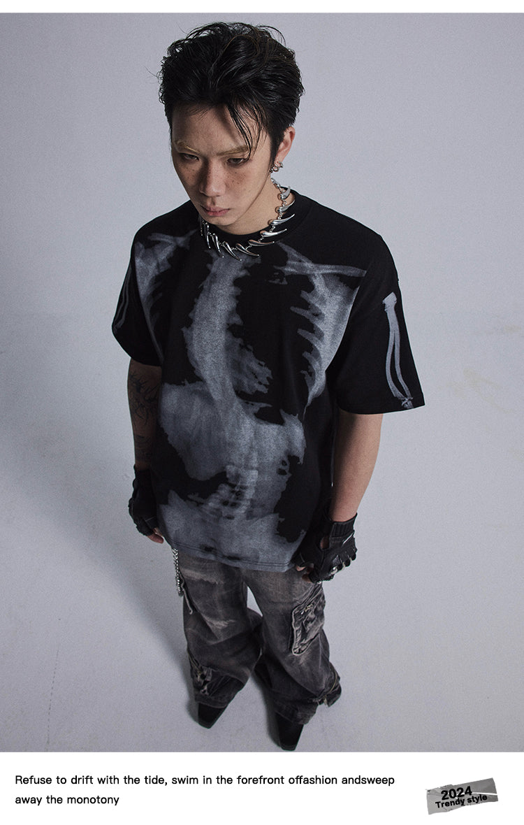 Round Neck Skeleton Print Short Sleeve T-Shirt