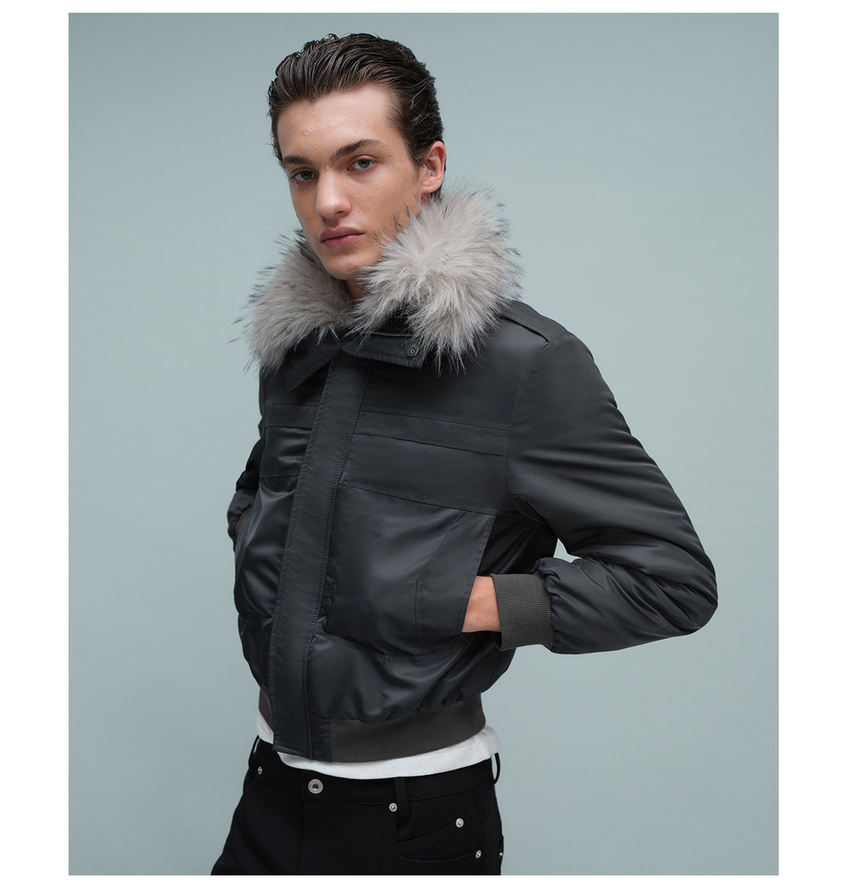 Short Bomber Jacket with Detachable Fur Collar