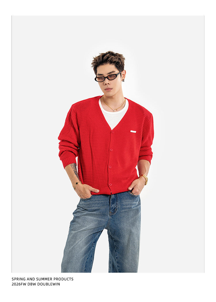 Waffle-Knit Wool V-Neck Knit Cardigan