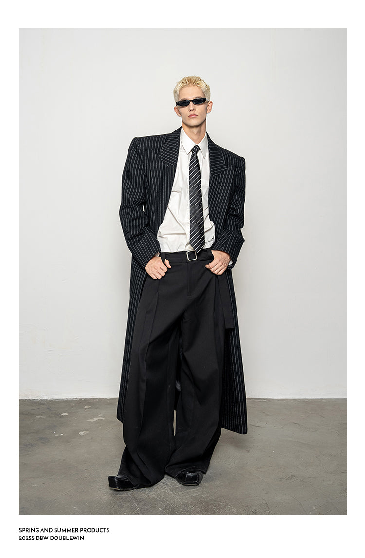 Wool Blend Striped Long Coat