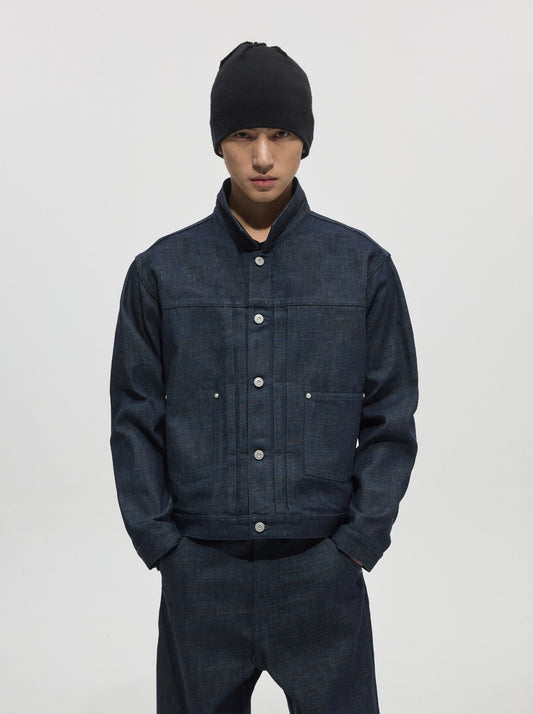 Raw denim jacket with a moiré finish