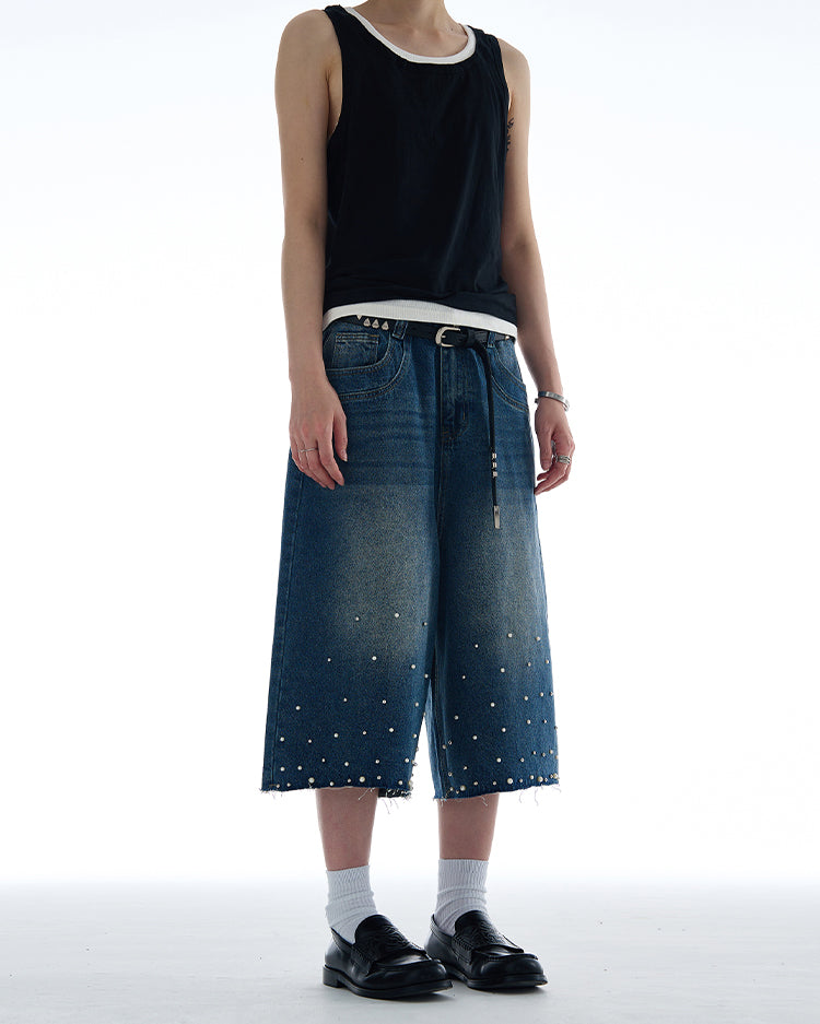 Niche pearl inlay design denim pants