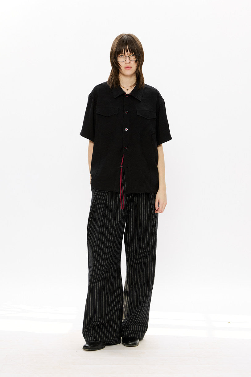 Linen button-down casual shirt with tassels