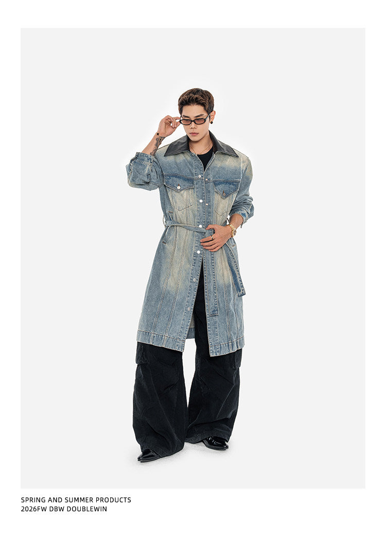 Leather Patchwork Lapel Denim Trench Coat