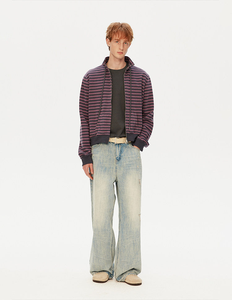 Striped Stand Collar Zipper Cardigan