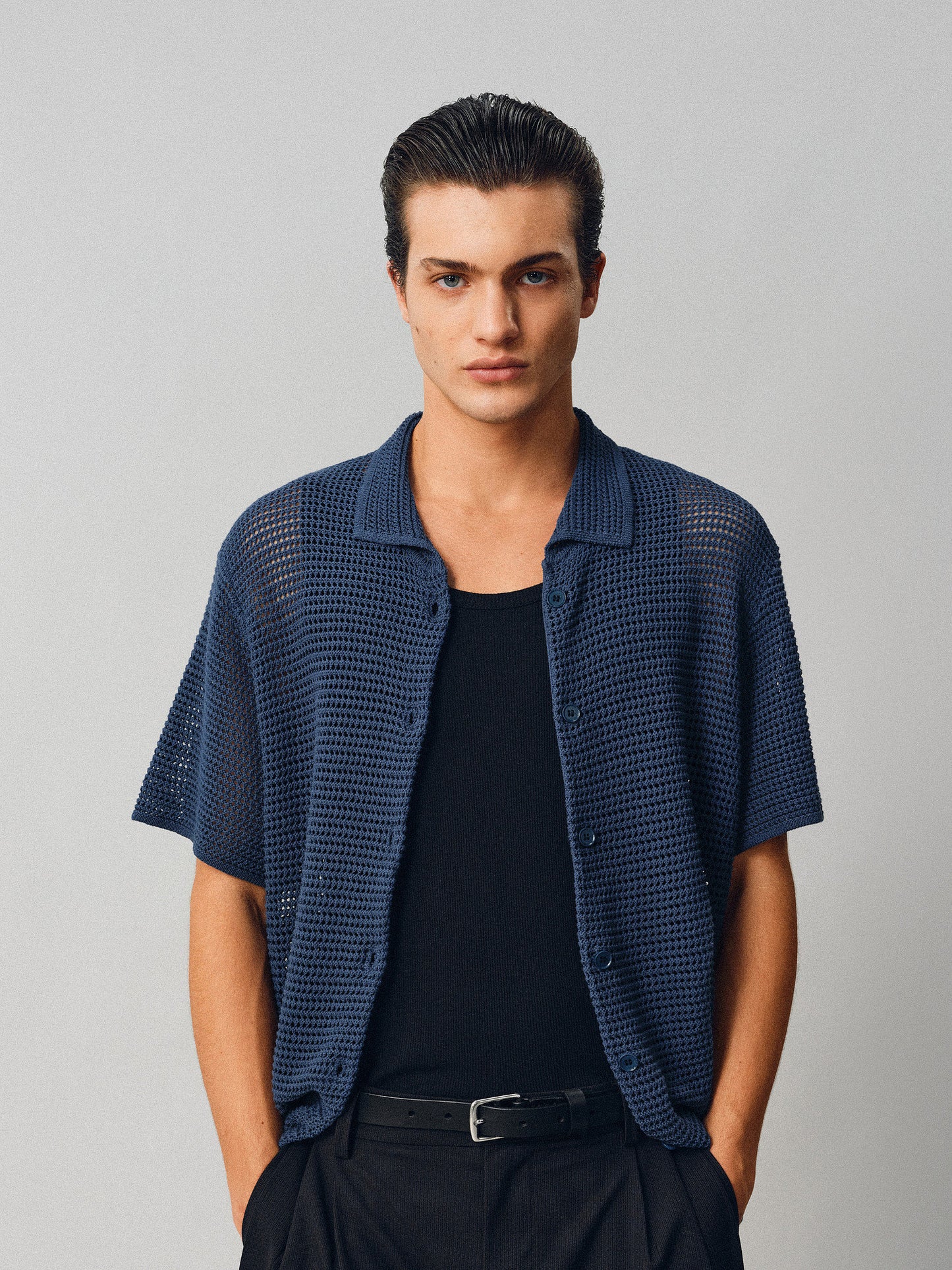 Hollow-knit Button-Down Shirt