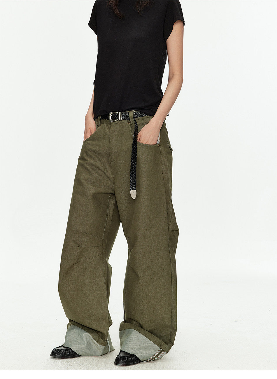 Wide-Leg Workwear Pants with Checkered Pockets