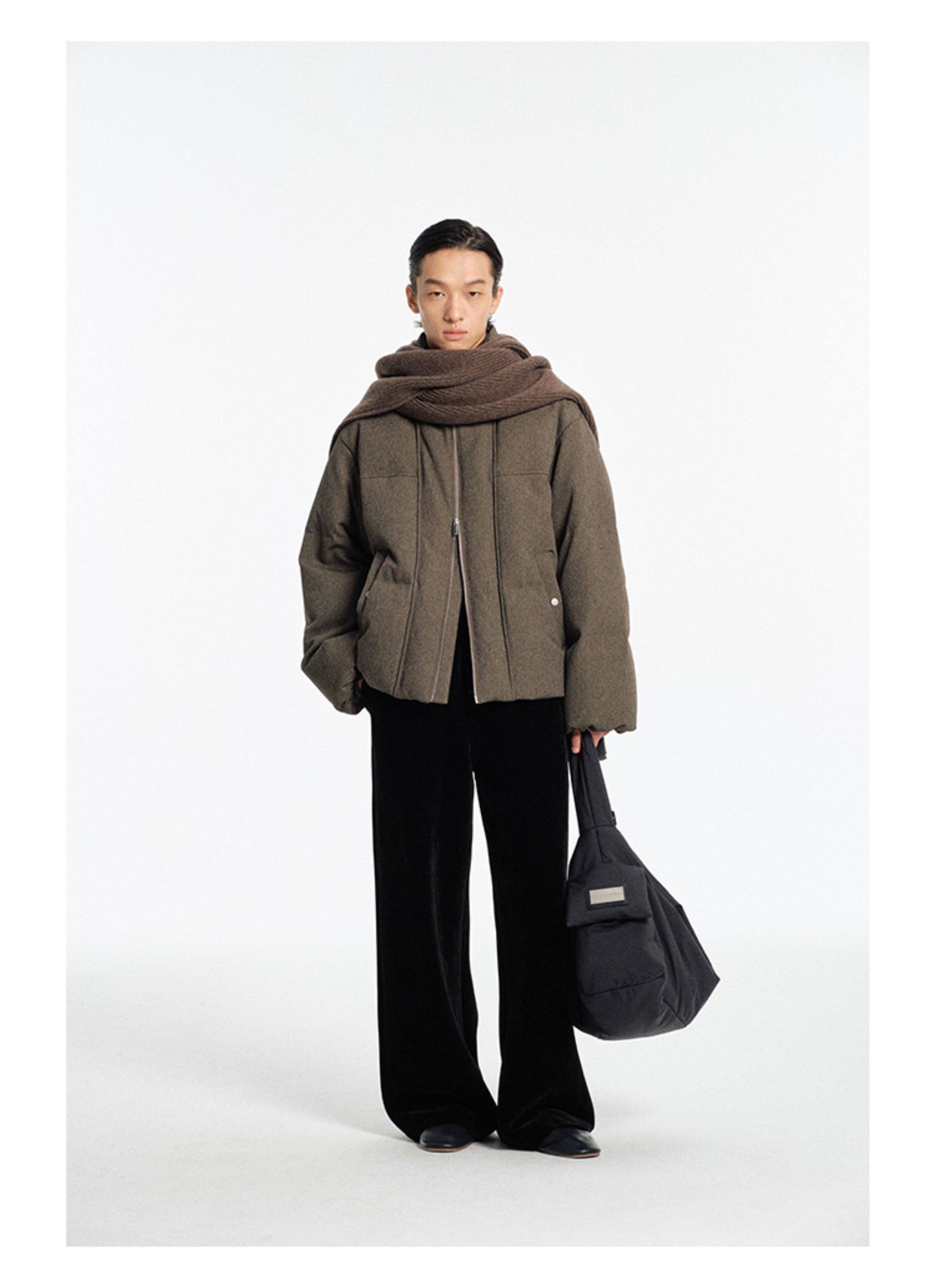 Wrinkle-Finish Nylon Multi-Pocket Shoulder Bag