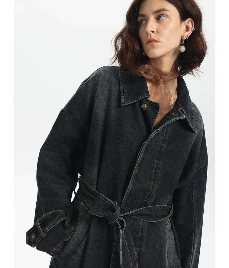 Washed Denim Long Trench Coat