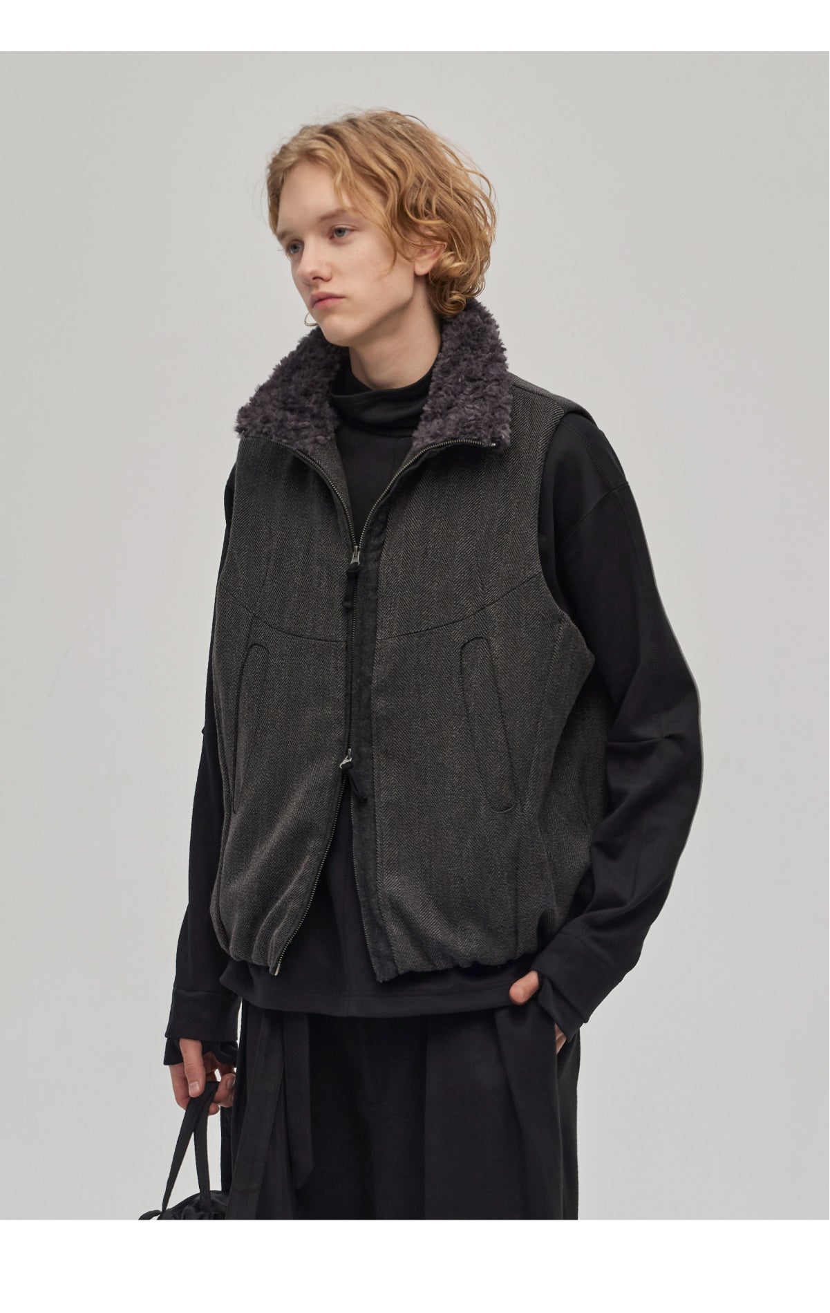 Wool Stitch Fur Collar Vest