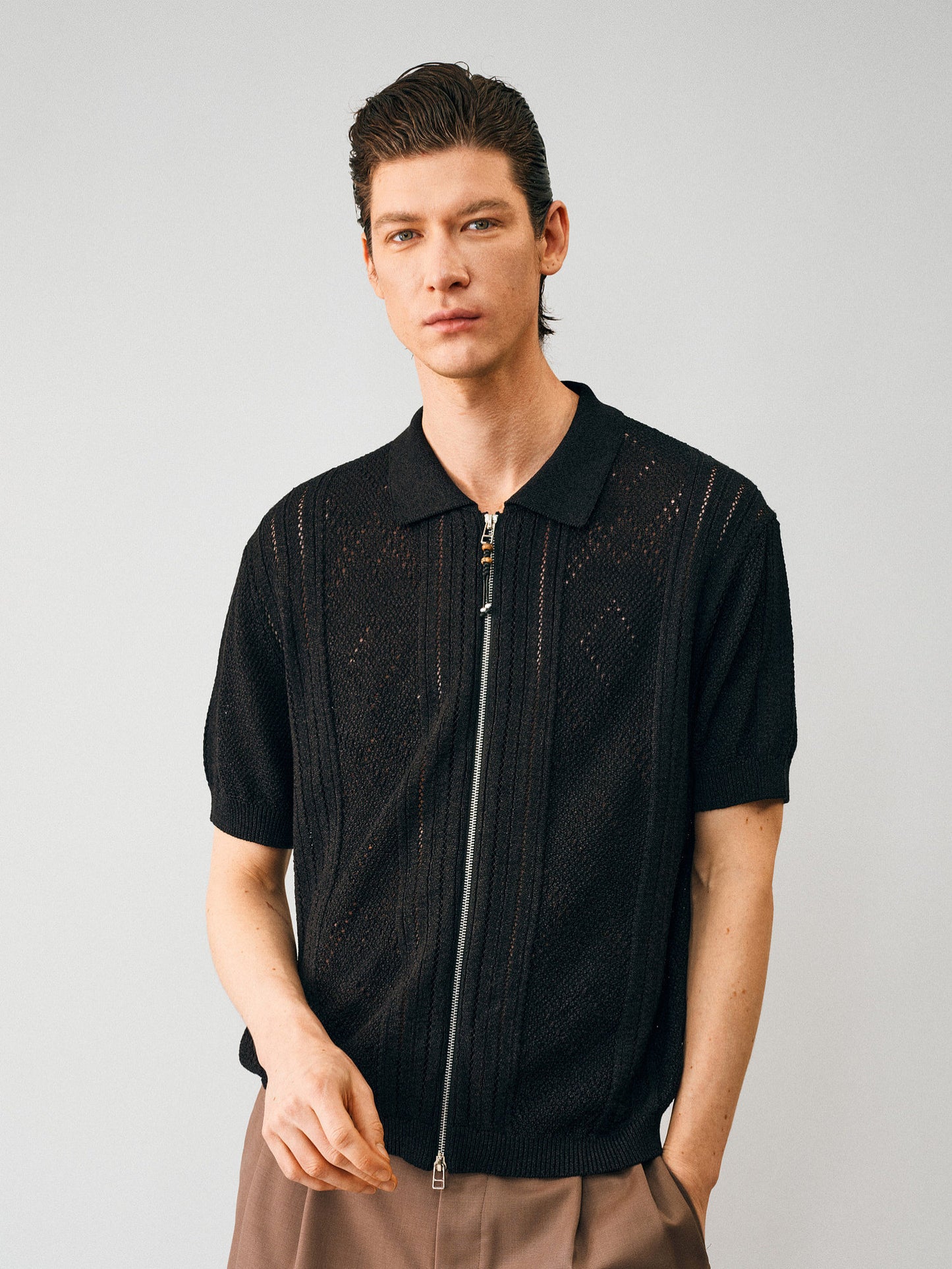 Openwork Knit Zipper Cardigan