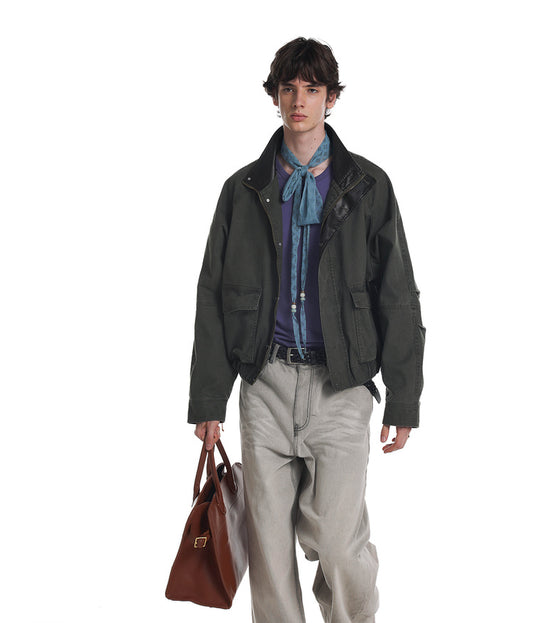 Leather collar short flight jacket