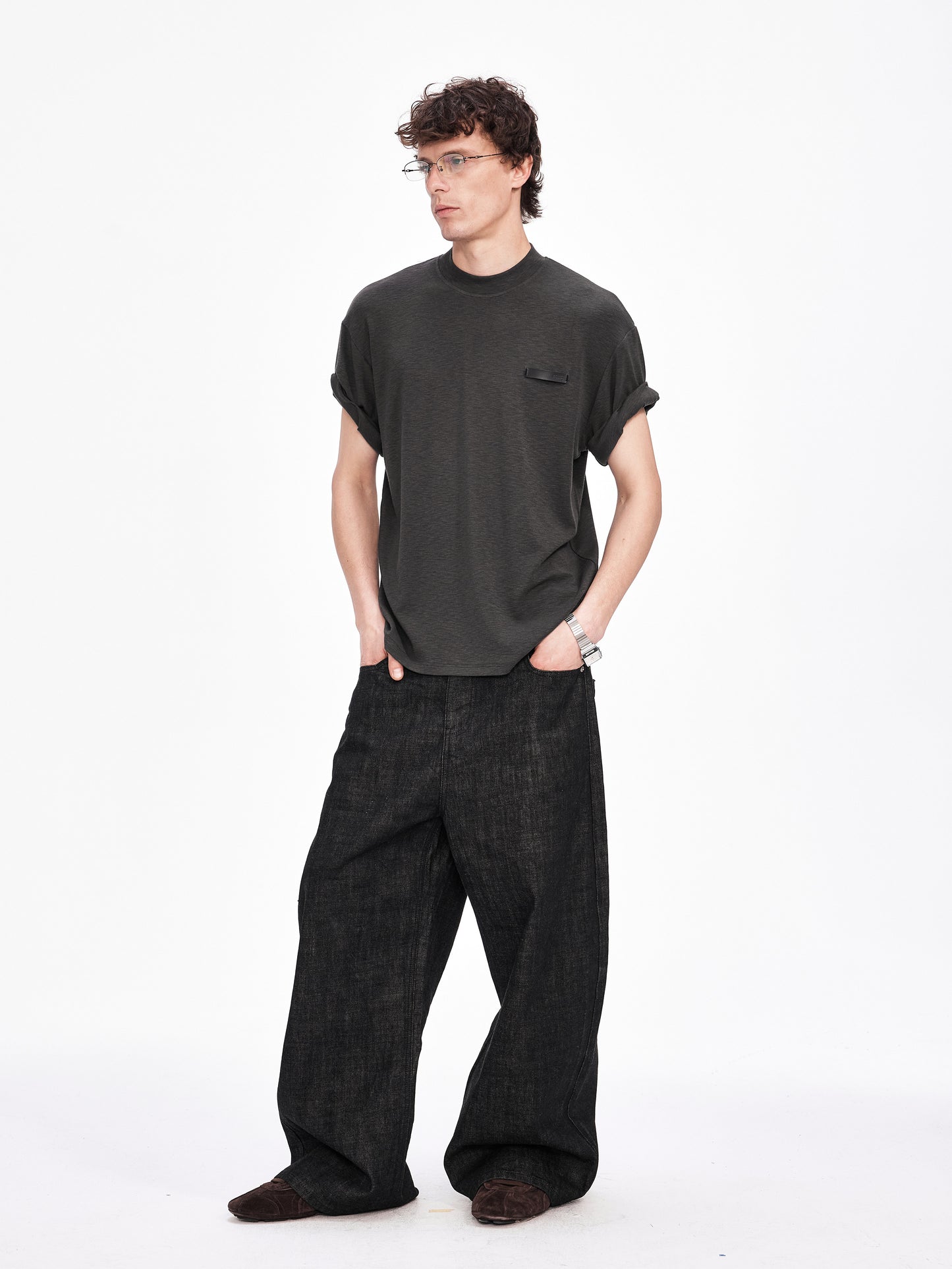 Roll-Sleeve T-Shirt with Leather Label