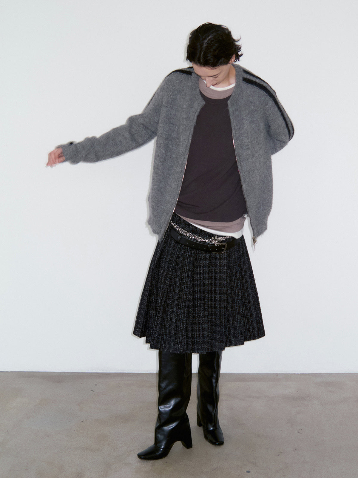 Striped Crew-Neck Zipper Cardigan
