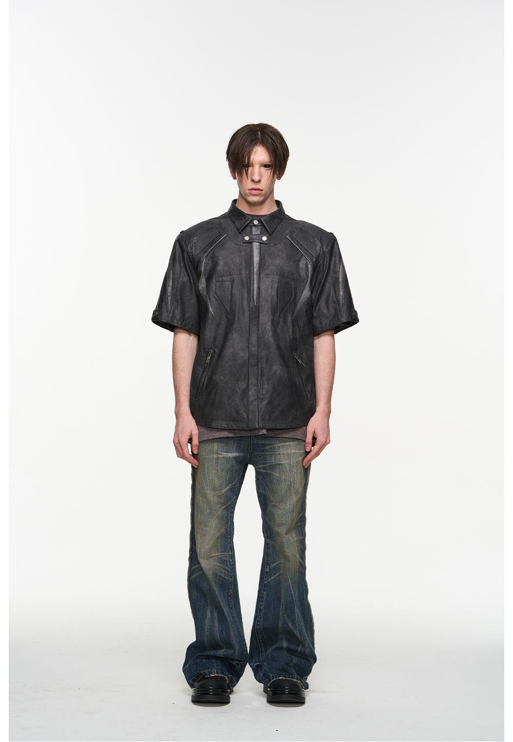 Damaged leather loose short sleeve shirt