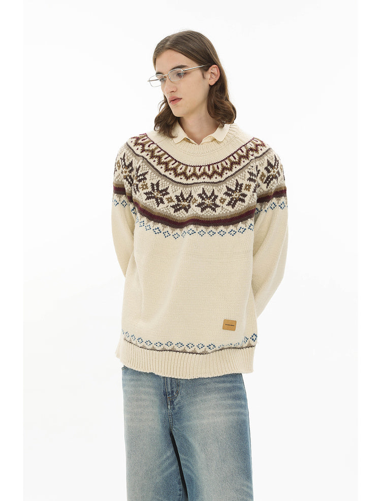 Lazy Retro Color Jacquard Crewneck Sweater